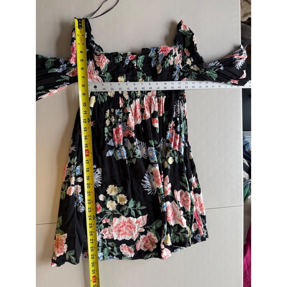 Favlu Black Floral Smocked Off Shoulder Bell Sleeve Boho Mini Dress M - Picture 6 of 7